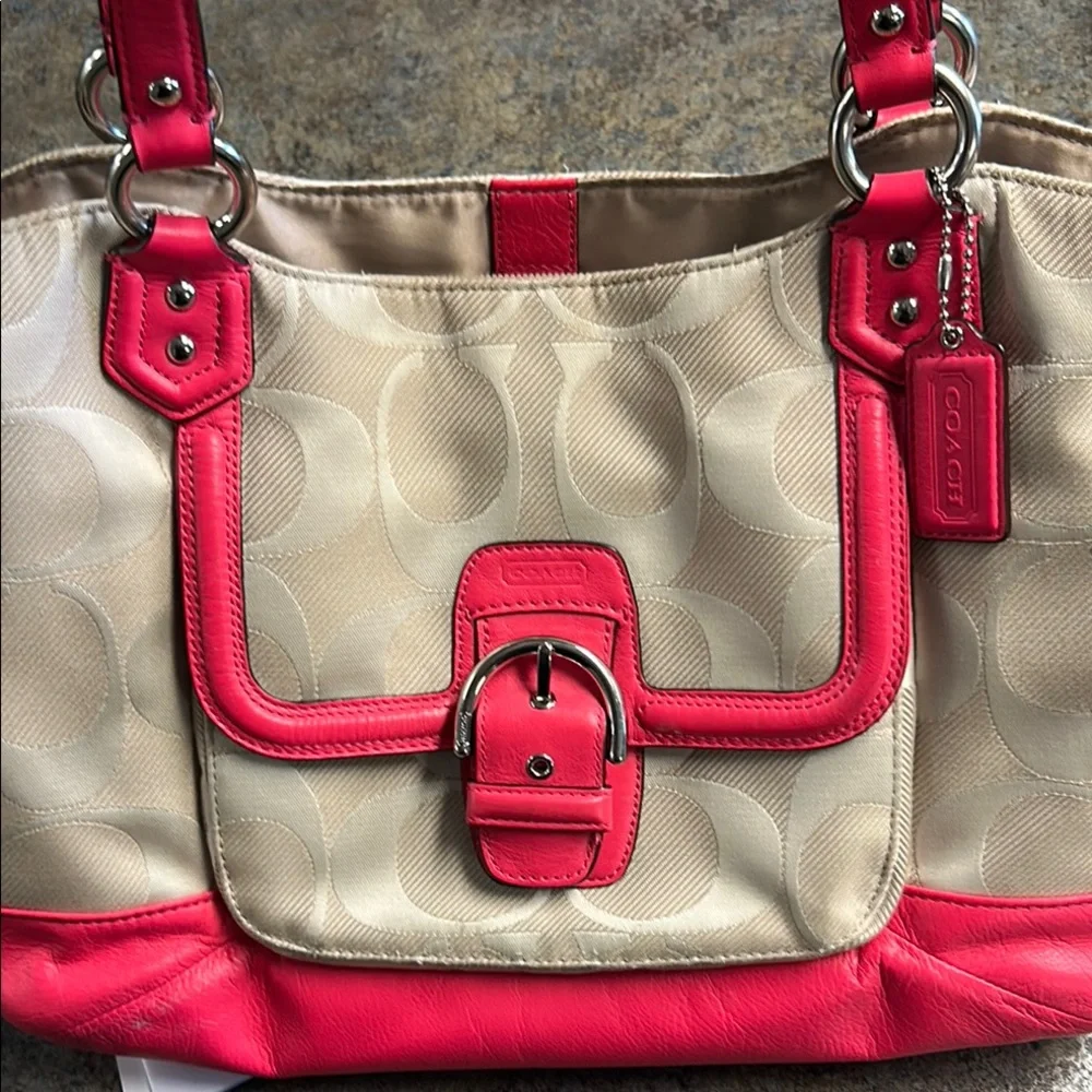 Coach Beige Signature Canvas Shoulder Bag with Pink Trim